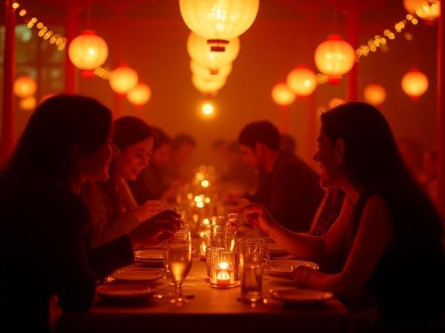 Soirée privée chaleureuse avec éclairage tamisé et ambiance festive au Lotus d'Or