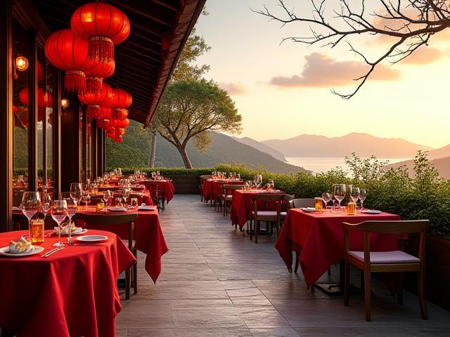 Terrasse extérieure du Lotus d'Or avec tables et lanternes traditionnelles