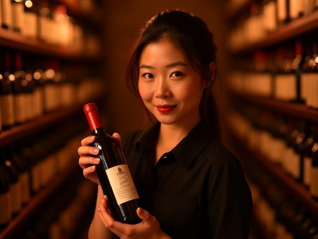 Portrait de la Sommelière, posant dans la cave à vins du Lotus d'Or