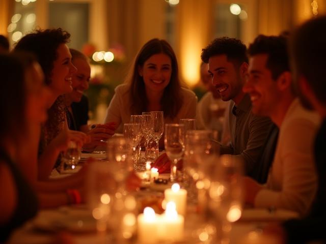 Événement privé élégant avec décorations raffinées et invités souriants - Moments gourmands