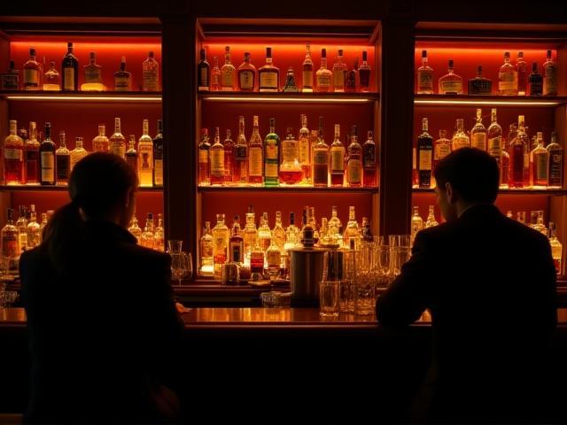 Bar du restaurant Le Lotus d'Or avec éclairage d'ambiance doré et bouteilles exposées - Moments gourmands