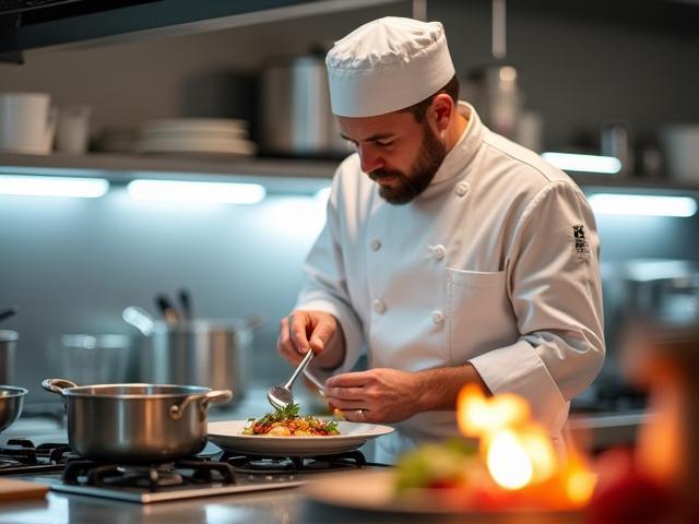 Chef cuisinier préparant un plat dans une cuisine ouverte moderne et propre - Moments gourmands