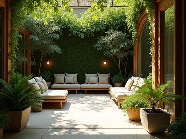 Patio intérieur élégant avec verdure offrant une ambiance apaisante - Moments gourmands