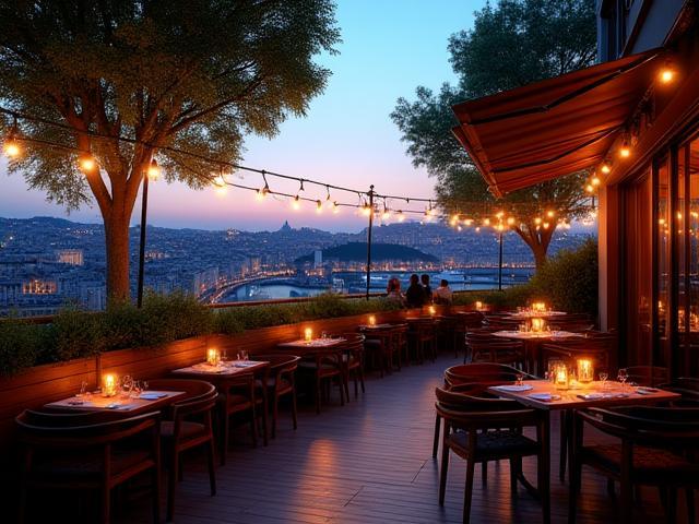 Terrasse extérieure du restaurant avec vue sur la ville de Lyon à la tombée de la nuit - Moments gourmands